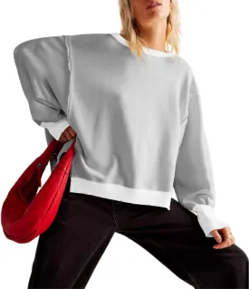 Women Crewneck Cotton Sweatshirt Long Sleeve Side Slit Casual Loose Pullover Tops Hoodie for Teen Girls