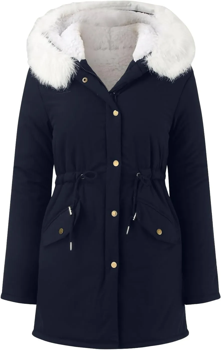 Women's winter casual fashion long sleeve windproof warm coat with chinstrap pocket and extra fleece